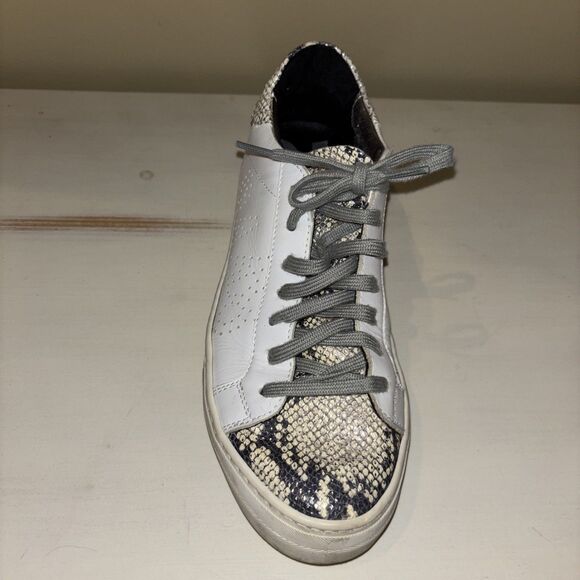 P448 White Leather Snakeskin Detail Low Top Lace-Up Sneakers Women's Size 39 - Picture 4 of 15
